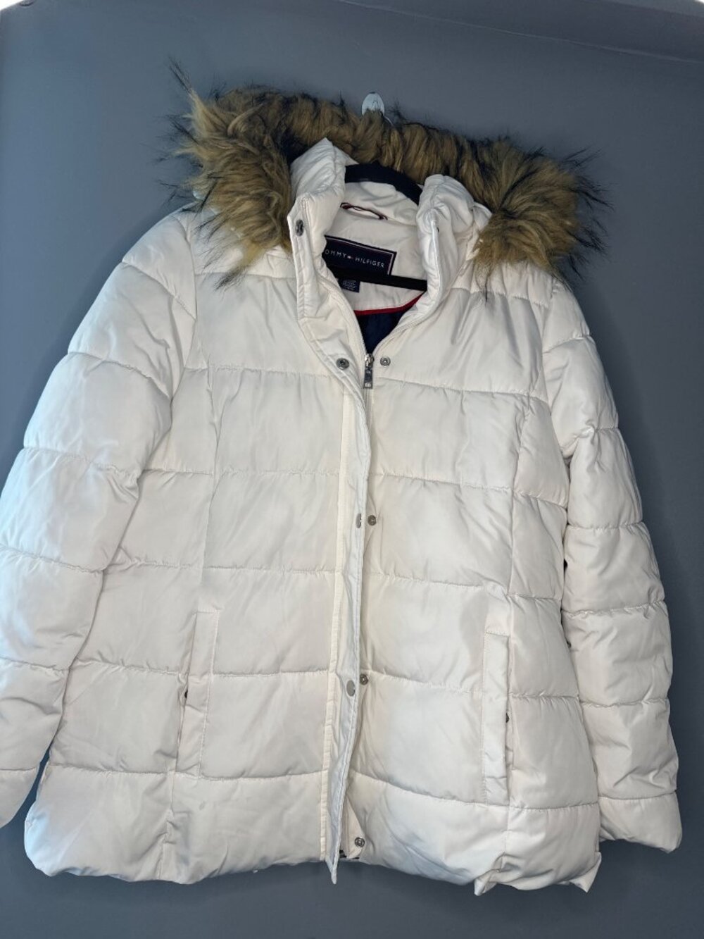 Tommy Hilfiger Womens L Puffer Coat Faux Fur Hood Longline Winter Jacket
